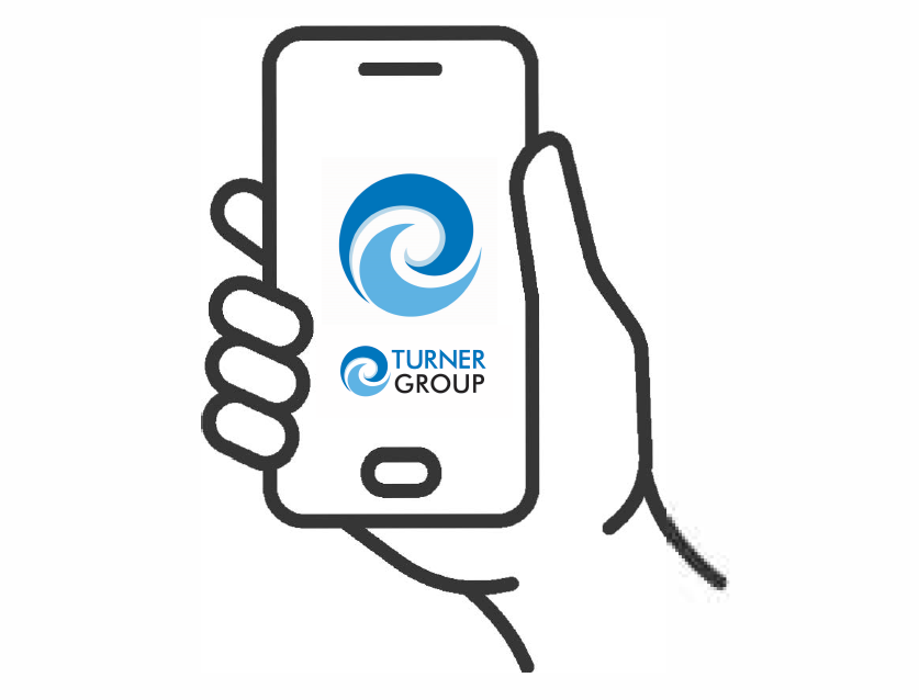 Cell phone and hand with Turner Group logo