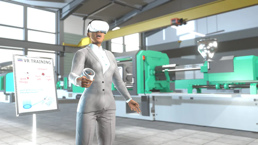 A woman with VR goggles, training on a AI background created.
